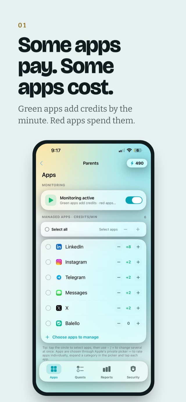 Some apps pay, some apps cost — green apps add credits by the minute, red apps spend them