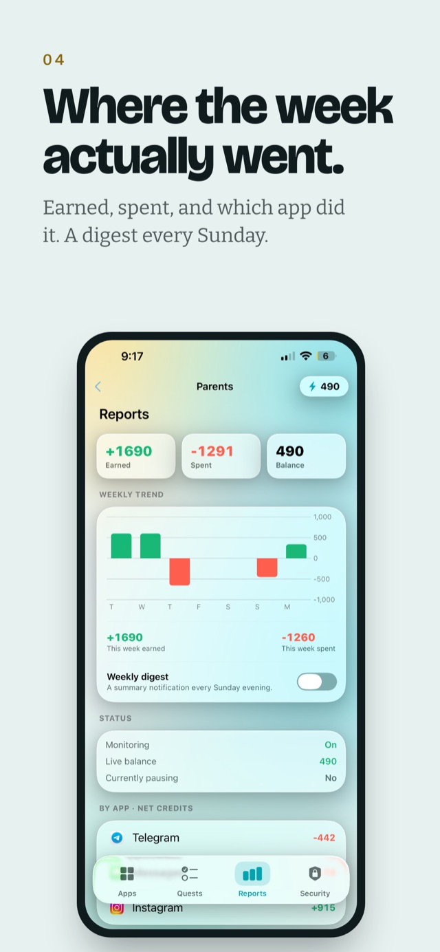 Where the week actually went — earned, spent, and which app did it, with a digest every Sunday