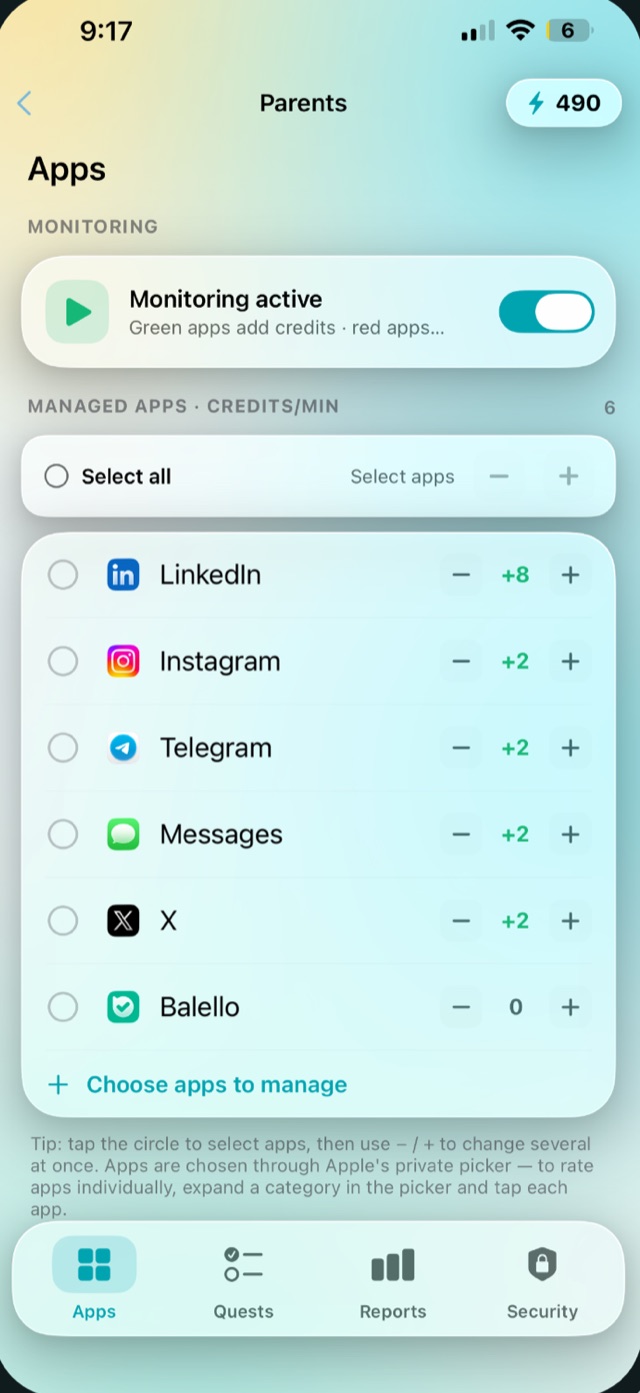 ScreenTime Nanny Parents zone — rate which apps earn or cost credits per minute, with monitoring active