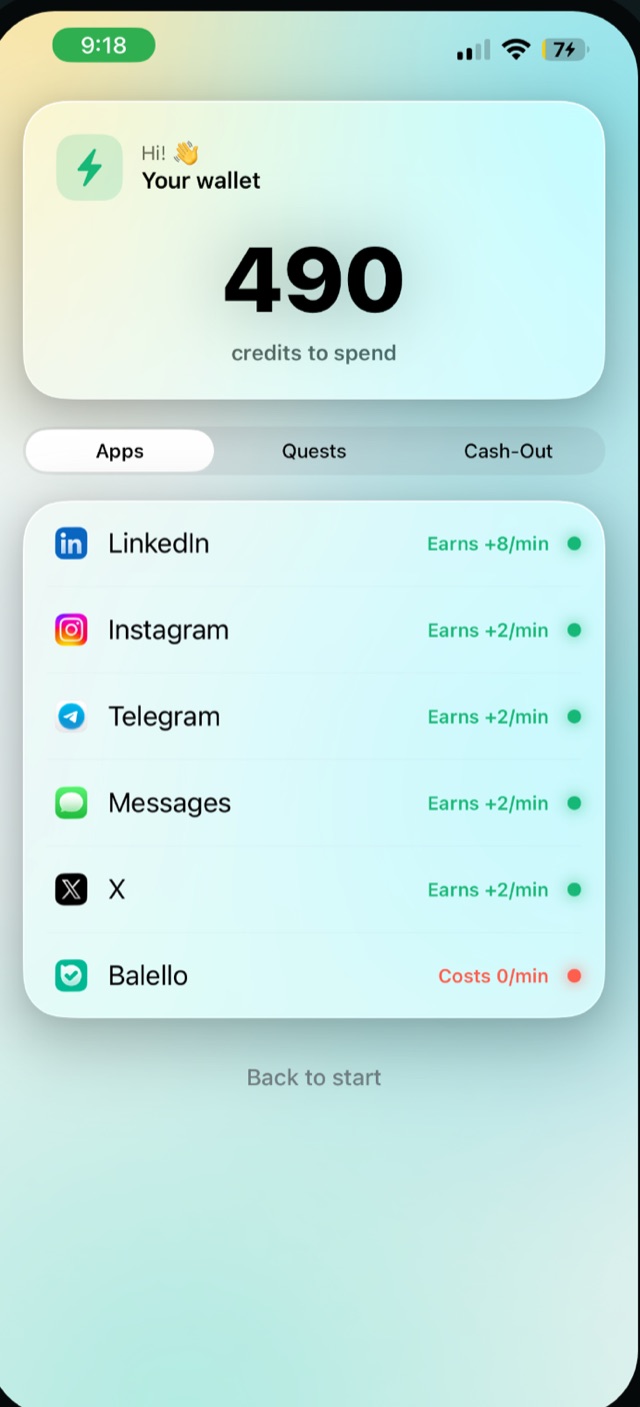 ScreenTime Nanny kid wallet — 490 credits to spend, apps that earn or cost credits per minute